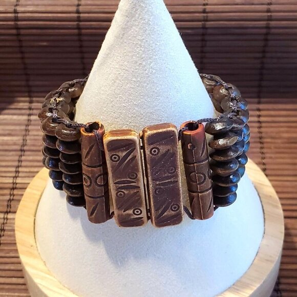 Vintage 90s Y2K Brown Tribal Patterns Wood Acrylic OSFA Adjustable Bracelet - Picture 7 of 10